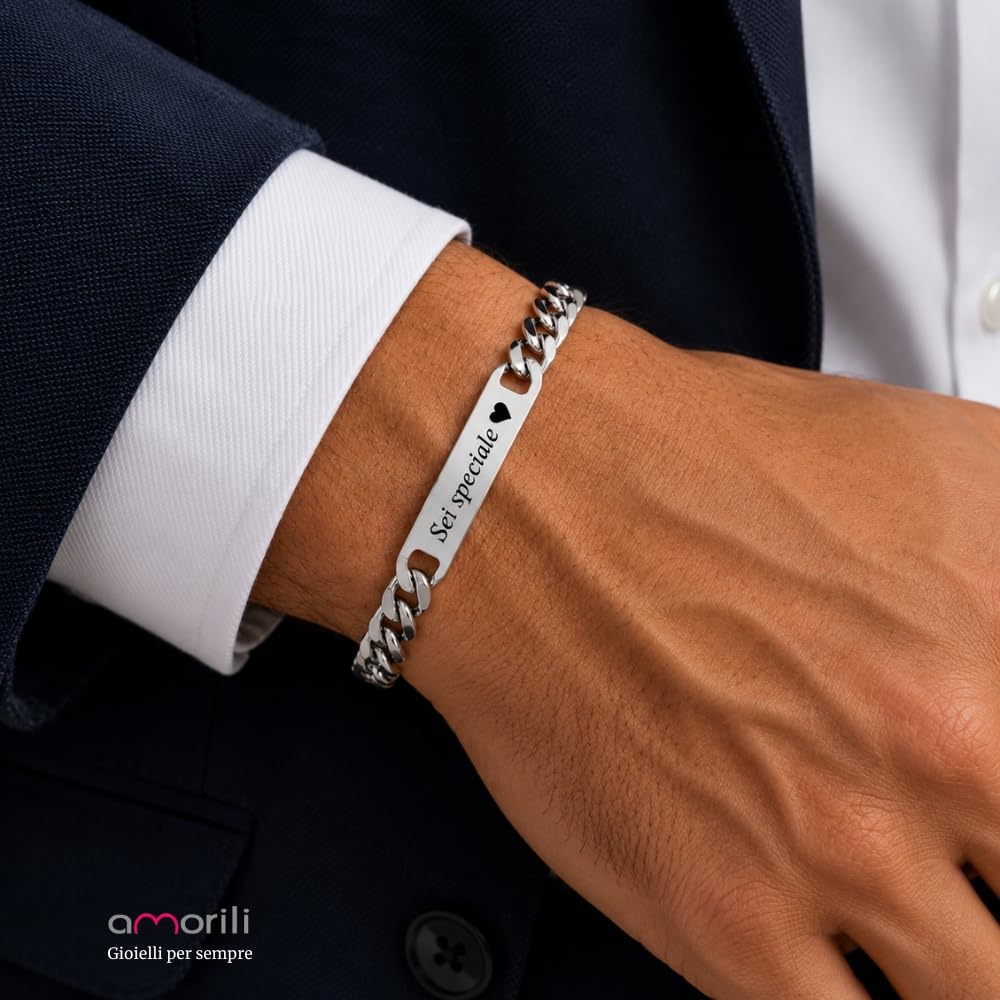 Bracciale Uomo Personalizzato con Incisione Acciaio Inox Maglia Cubana Grumetta – Braccialetto Catena Maschile con Nome Data Dedica – Design Elegante Regolabile – Idea Regalo Uomo bcc1031