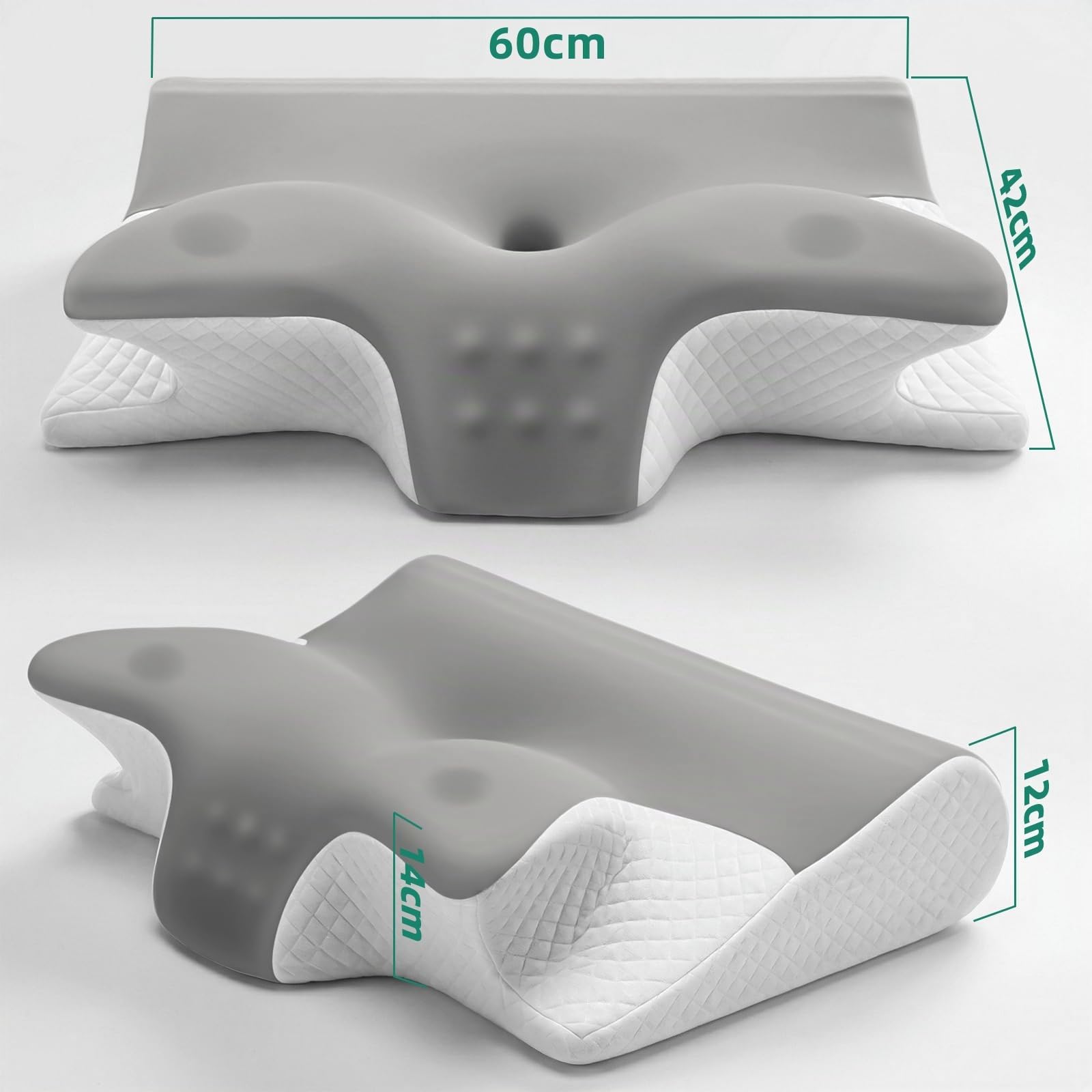 Almohada Cervicales y Cuello, Almohadas Cervicales para Dormir de Espuma Viscoelástica - para Dormir de Lado y Boca Arriba, Alivio de Presión, 60 x 42 x 14/12 cm, Gris