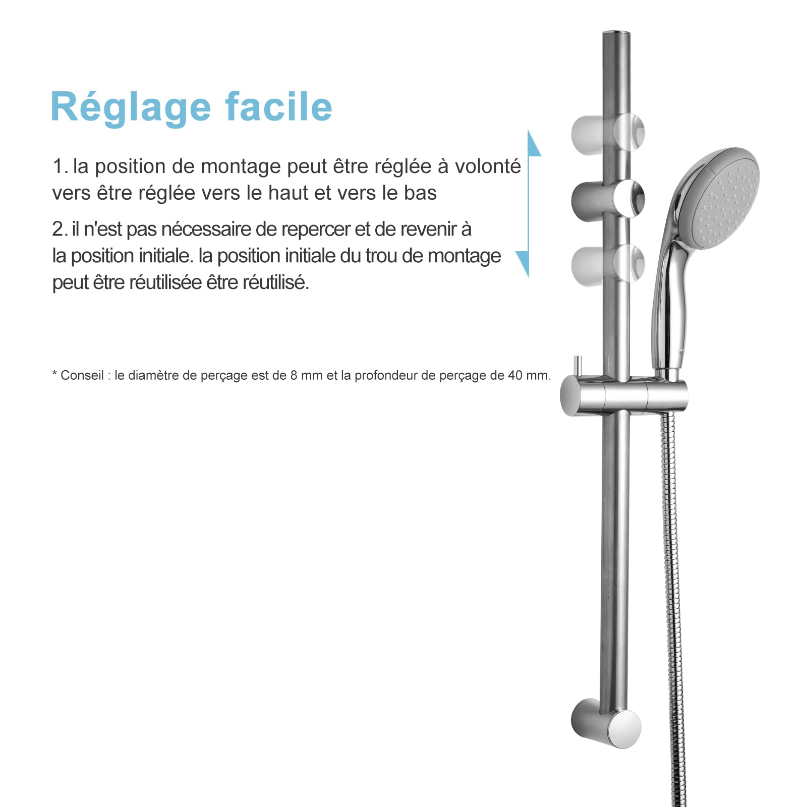 OFFO Barre de Douche 60 cm,Support Pommeau de Douche 80 cm en Acier Inoxydable Avec Support de Douche,Barre Douche Segmentée,Distance Réglable de 28 à 61 cm,Chromé