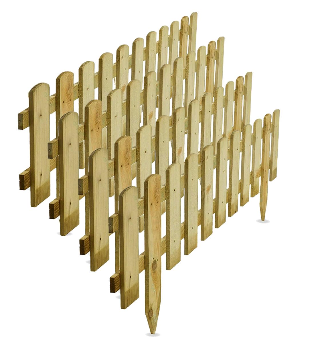 RightClick Natural Wooden Picket Fence Panel Pack of 4 - Decorative, Weather-Resistant Garden Edging for Patio, Lawn, Pathway, Backyard