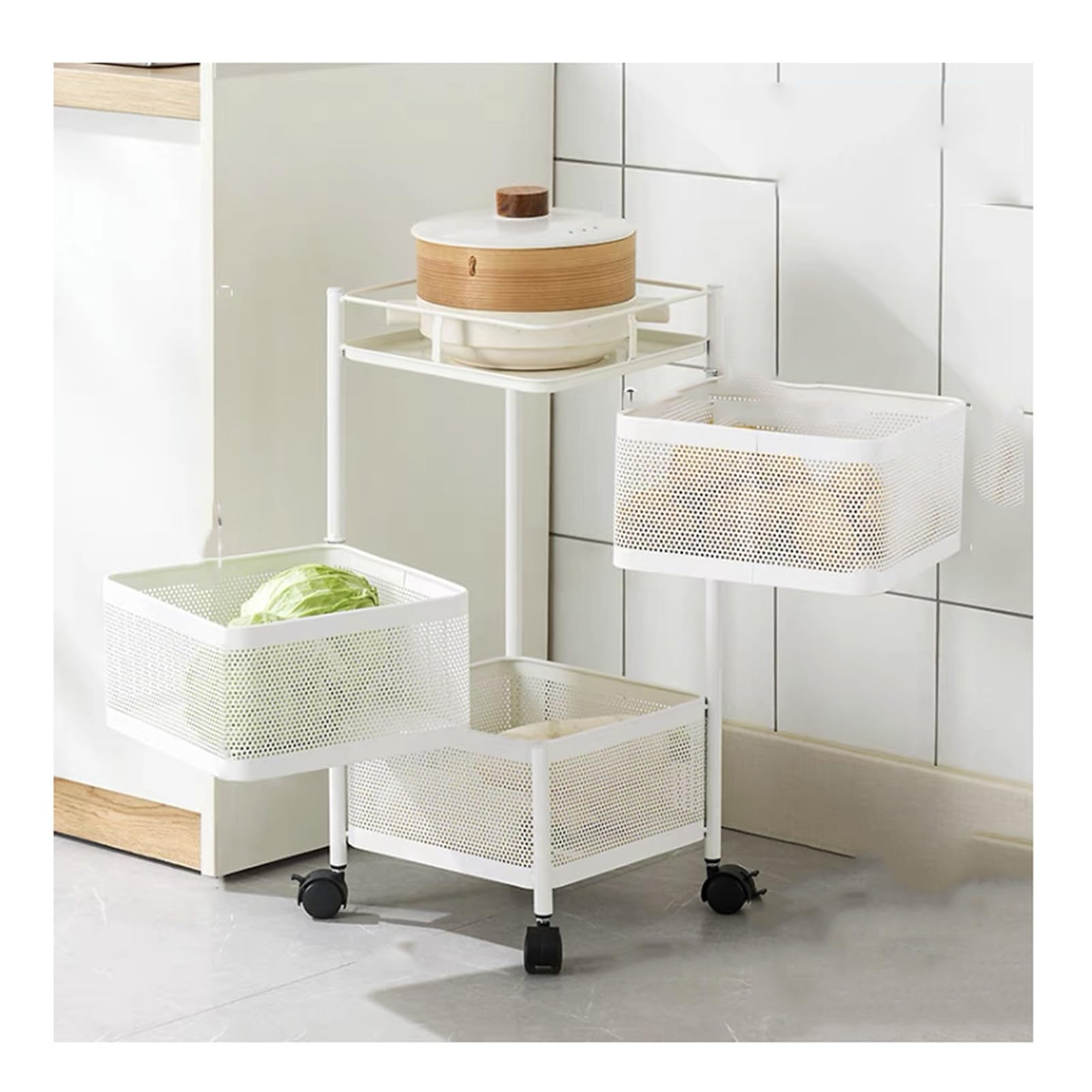 Panier de rangement rotatif en fil métallique blanc au design épuré avec housse
