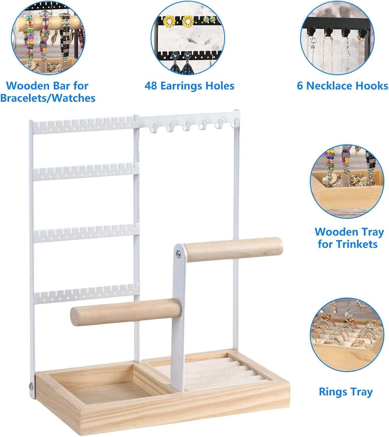 Organizador De Pendientes Y Joyero Blanco De Varios Niveles: Expositor De Madera para Pendientes, Collares, Pulseras, Anillos Y Relojes: Una Solución De Almacenamiento Elegante. White