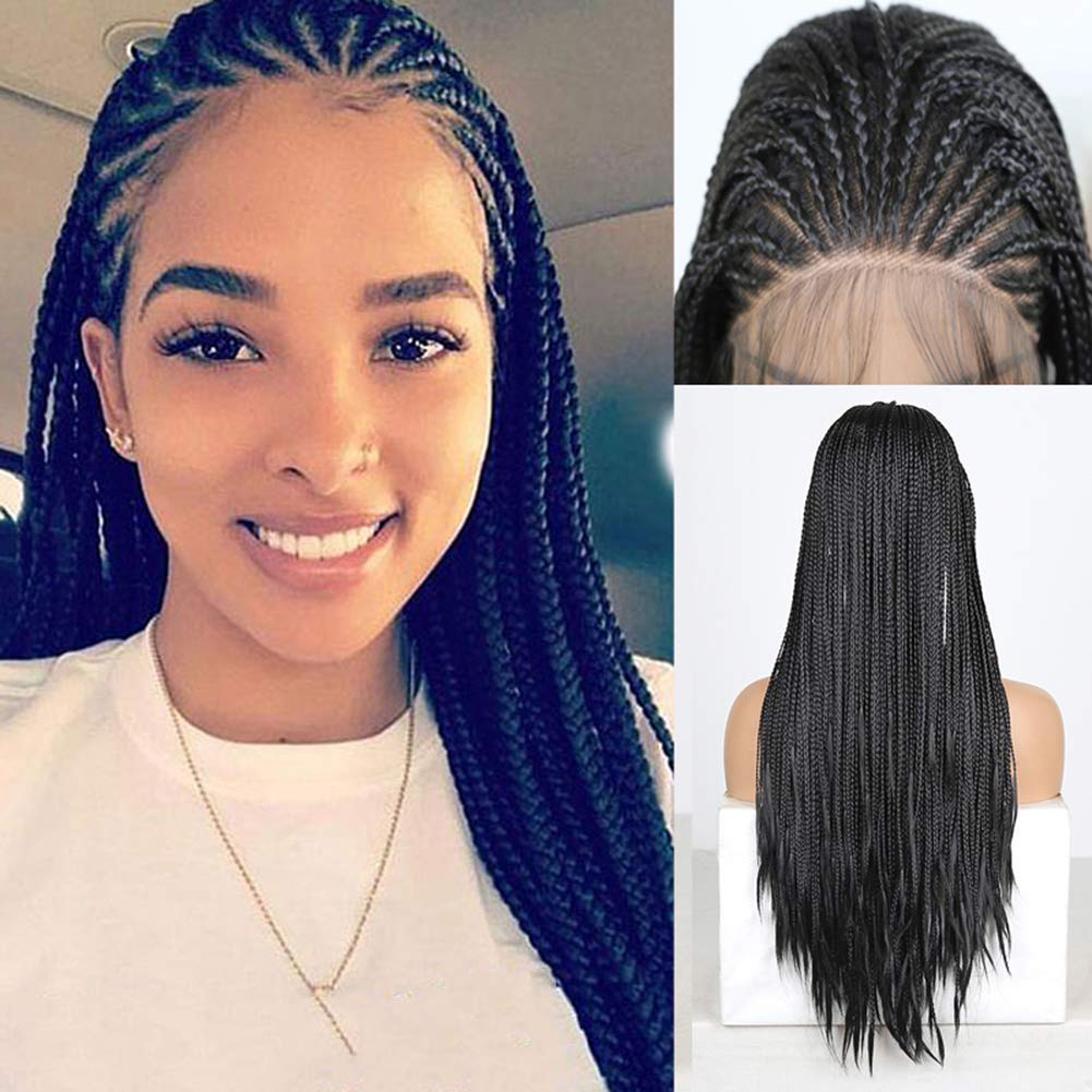 Amazon Com Rdy Black Color Braided Box Braids Synthetic Lace Front Wig For Black Women Braided Wig With Baby Hair Glueless Half Handtied Wig High Temperature Fiber Hair 18inches Beauty