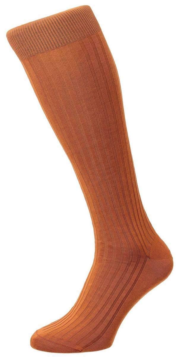 Pantherella Mens Danvers Rib Cotton Lisle Over the Calf Socks - Cumin Orange - Medium