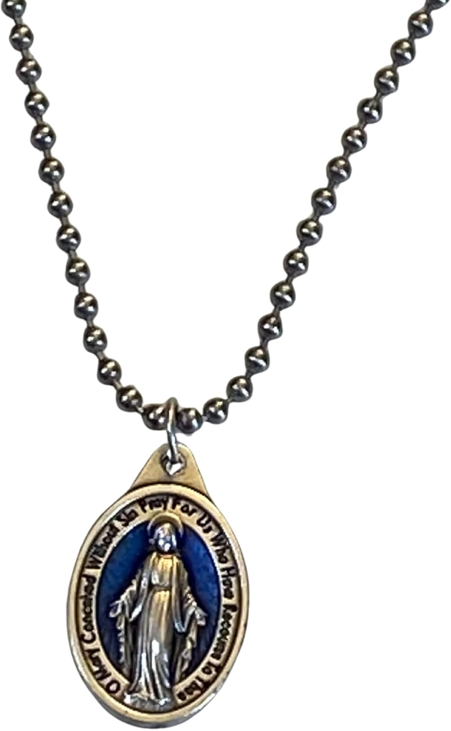 Miraculous Medal Necklace on 30 Inch Stainless Steel Ball Chain with Laminated Catholic Prayer Card – Christian Religious Jewelry Gift for Men or Women