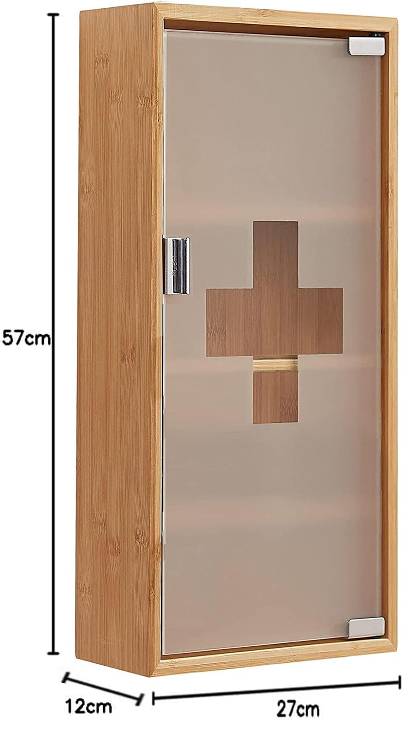 Zedelmaier Medikamentenschrank & Medizinschrank aus Bambus, hängeschrank, Hausapotheke, Erste Hilfe Schrank,Glastür mit Magnetverschluss，Arzneischrank 4 Fächer，12T x 27B x 57H cm