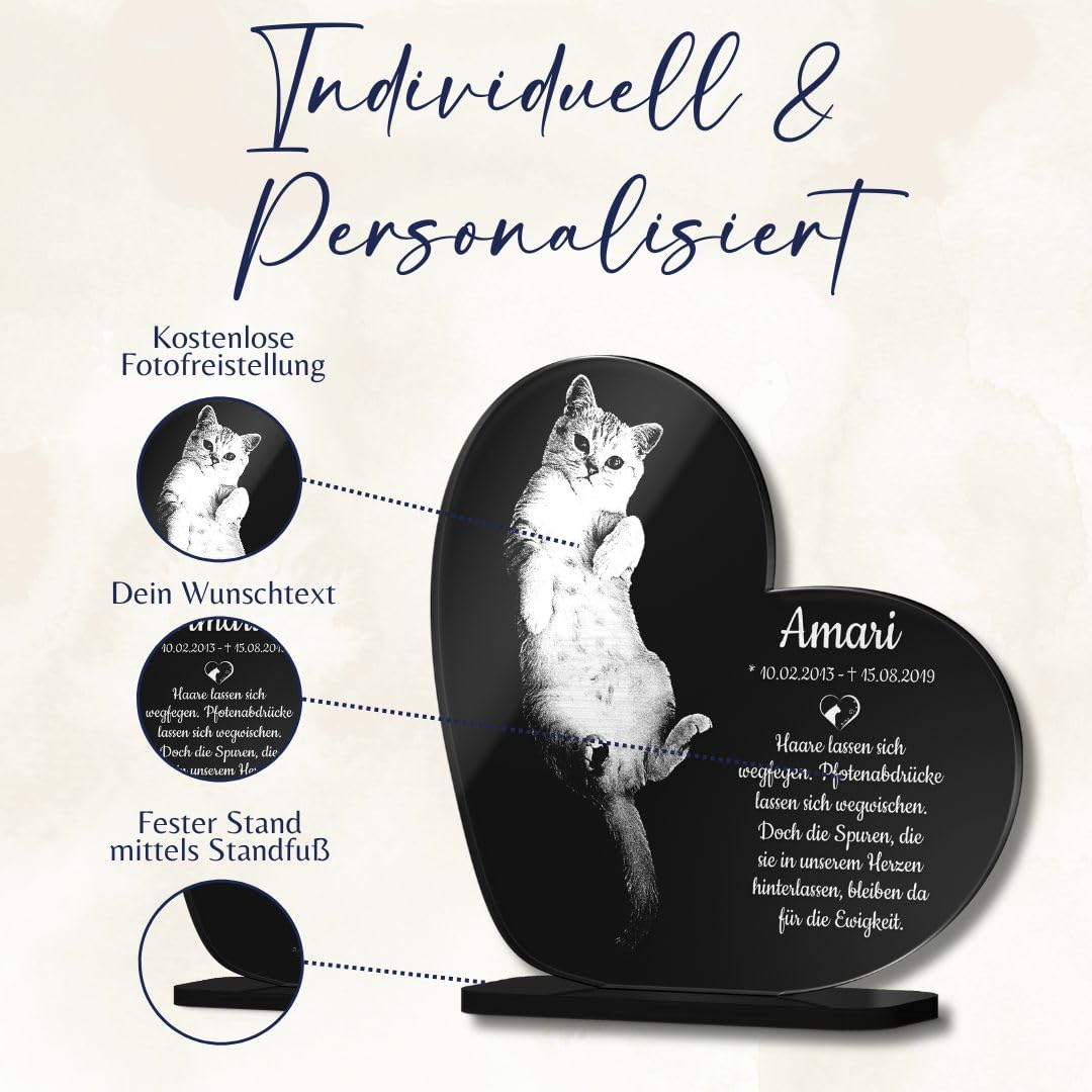 Gedenkstandbild Gedenktafel mit Gravur Fotogravur | Grabstein Katze Herz stehend in 2 Größen | Grabschmuck graviert für Katzen oder Kater - Grabplatte im Kerzenschein leuchtend