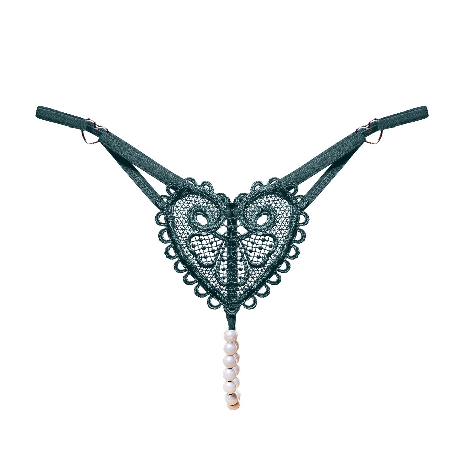 YOLAIWomen Sexy Pearl G-string T-Back Thong Lingerie With Beads Low Rise Embroidery Brief Underwear (Q1-Green, One Size)