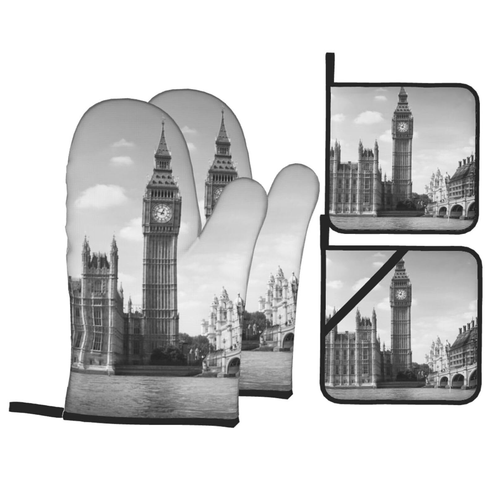 London Print Stylish Heat-Resistant Oven 4-Piece Set Kitchen Gloves Roasting Daily Cooking