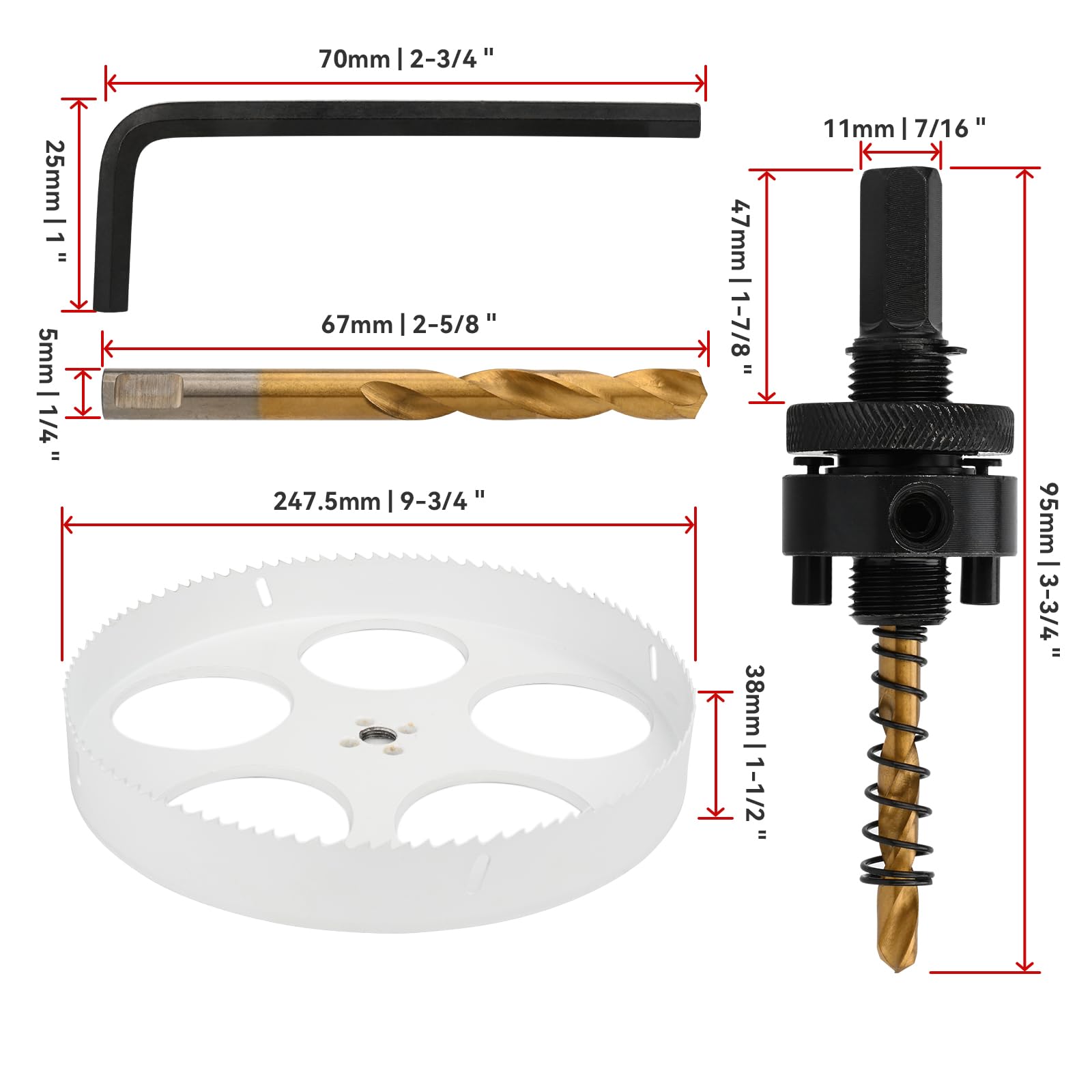 MOLLOM (247.5mm | 9-3/4") Seghe a tazza bimetallica HSS M42 con 8% di cobalto, 2 punte di trapano e un'asta, taglio uniforme per PVC, cartongesso, legno, plastica, pannello di gesso, gomma | 2 punte per trapano pilota, taglio liscio, PVC, cartongesso, leg