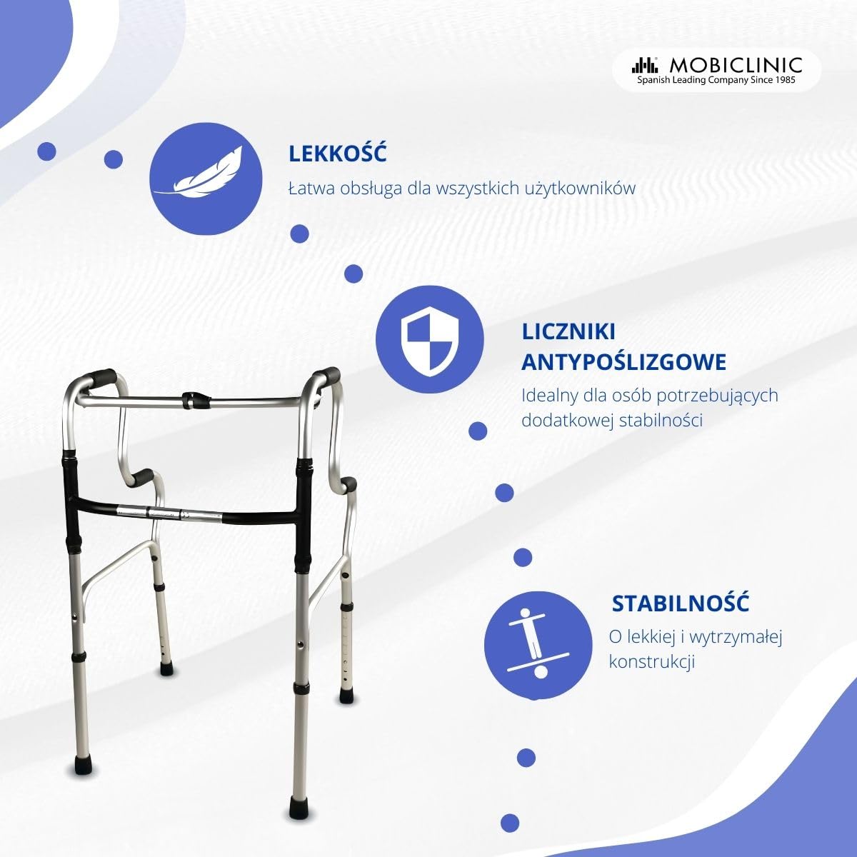 Mobiclinic®, Pórtico, Europejska marka, Chodzik, Regulacja wysokości, 2 składany, Lekki, Dla seniorów, Antypoślizgowy, Ergonomiczne uchwyty, Do 100 kg, Srebrny