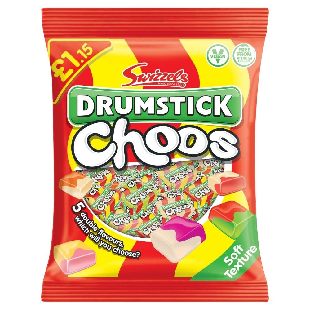 Swizzels Drumstick Choos Sharing Bag 115g – Fruity Chewy Retro Sweets for Party Bags, Sharing & Candy Snacks, Assorted Swizzels Sweets