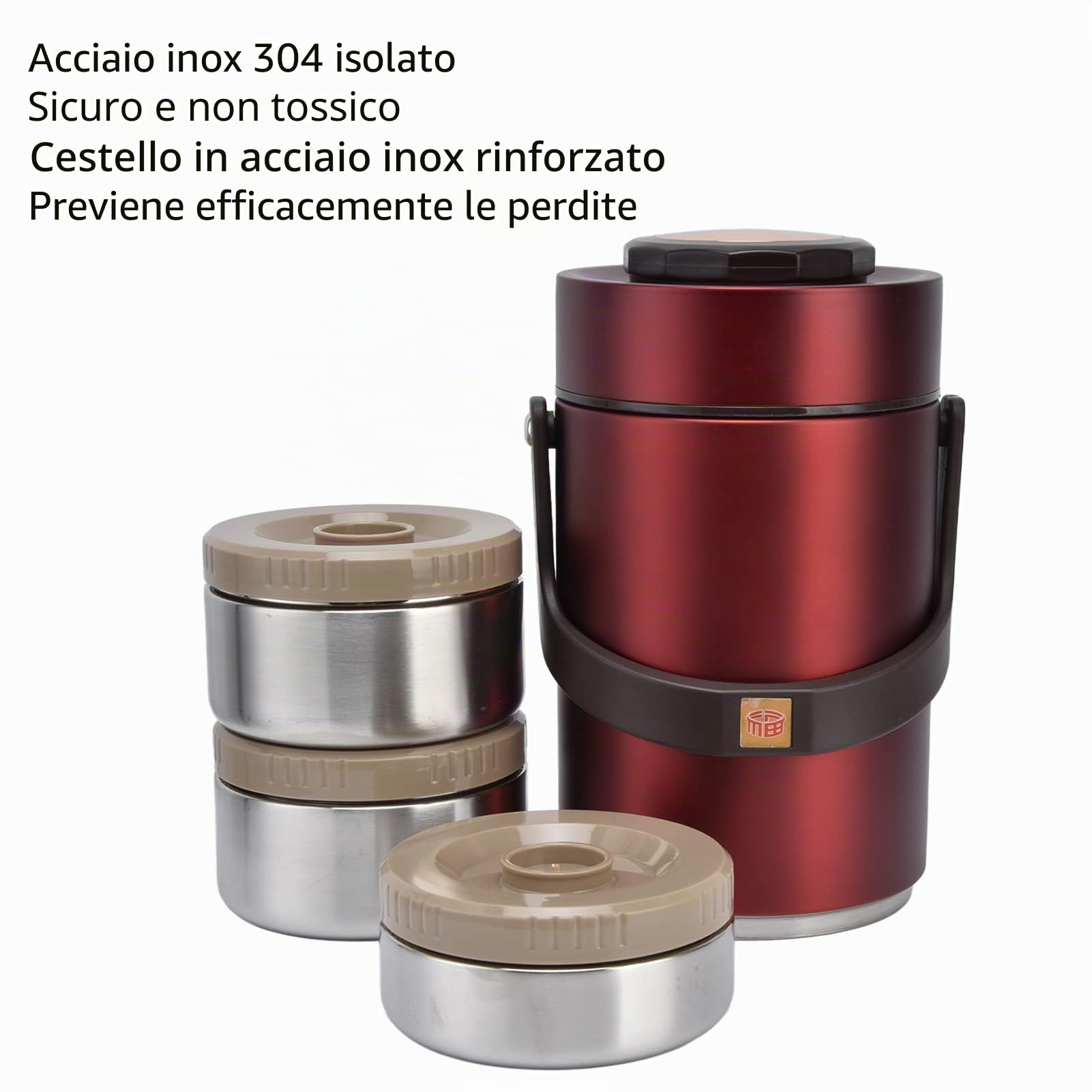 BuyWeek Contenitore Termico per Alimenti, 2300 ml Contenitore per il Pranzo in Acciaio Inossidabile 3 Strati Lunch Box per Viaggi di Lavoro (Rosso)