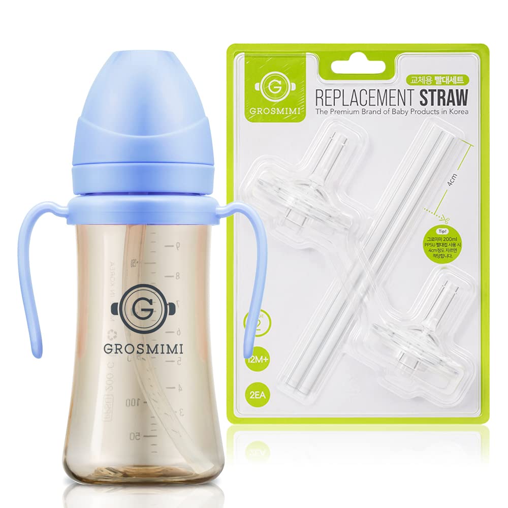 GROSMIMIPPSU Spill Proof Magic Sippy Cup 10 oz (Skyblue) + Replacements (Straw kit 2-counts, Stage 2)