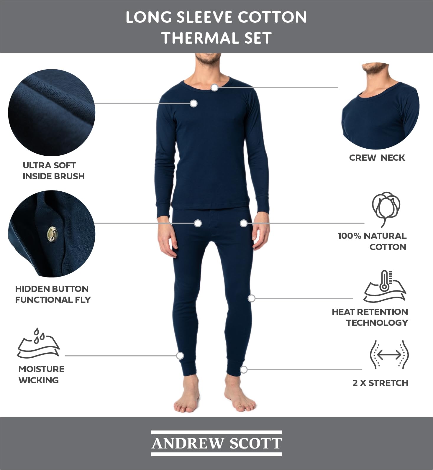 Andrew Scott - Set Intimo Termico da Uomo Composto da 2 Pezzi e 6 Pezzi a Maniche Lunghe + Pantaloni Lunghi (1 Confezione da 3 misce) - Multicolore - XXX-Large