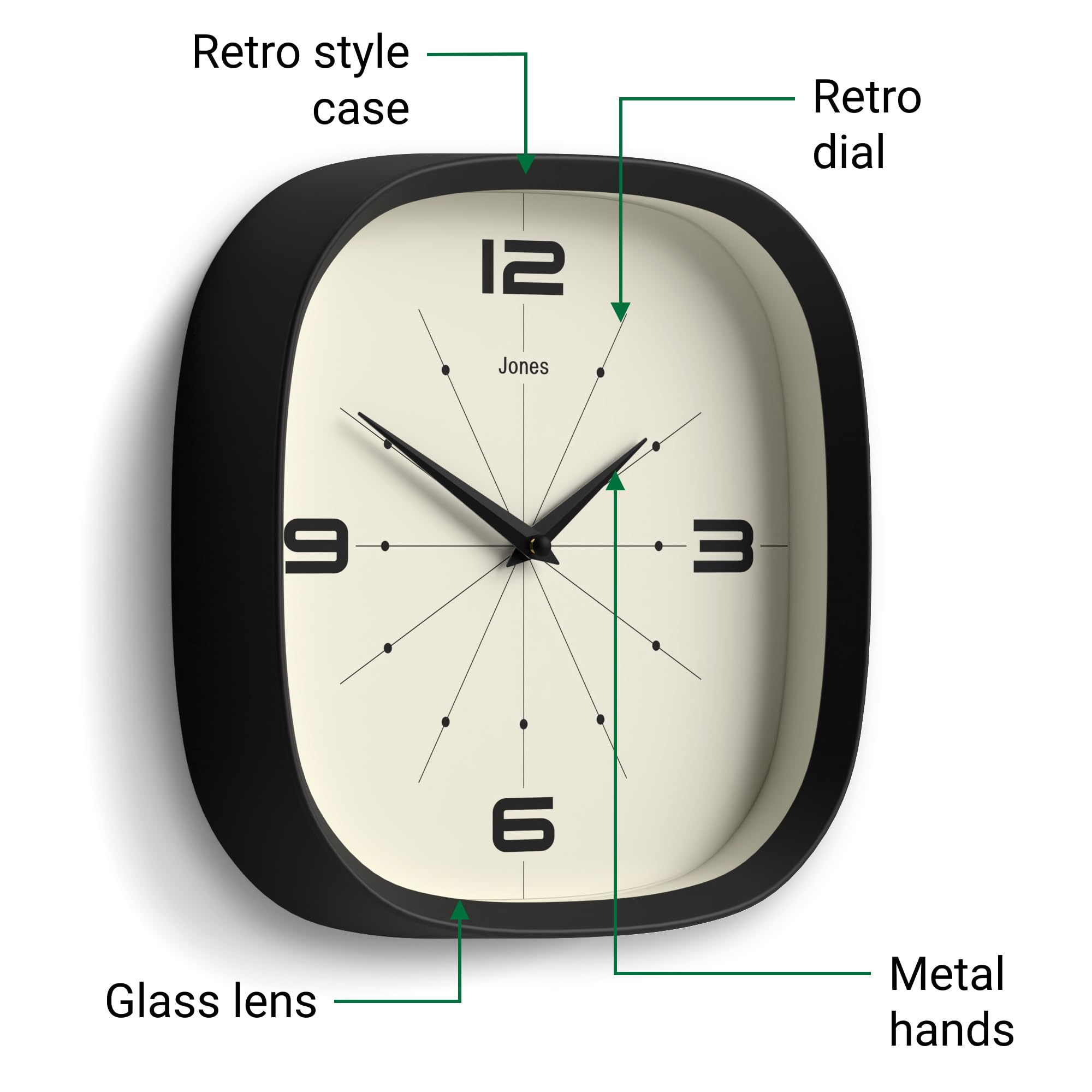 Jones Clocks® Pulsar wall clock, Black, 25 x 25 x 5 cm - Image 4