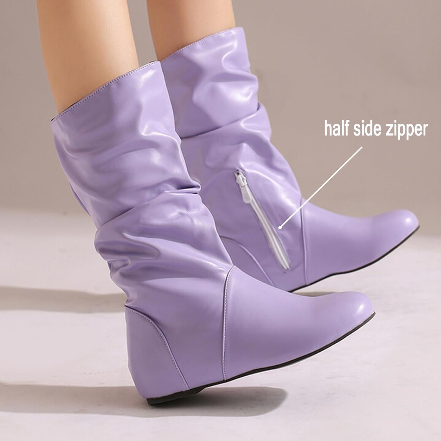 Alyaafifa Low Heel Mid Calf Slouch Boots for Women Comfortable Round Toe Wide Calf Wedge Heel Fall Boots with Zipper Matte Leather Dress Shoes Daily Casual Party