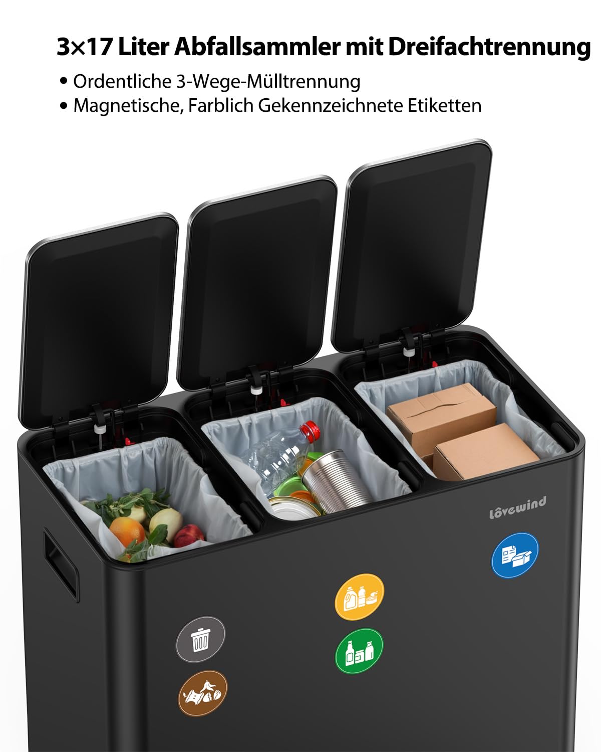 lovewind Mülleimer, 3 x 17 l Recyclingeimer, 3-Fach-Mülleimer für Recycling und Abfall, inklusive magnetisches Etikett, Soft-Close-Deckel, Pedale, Inneneimer, Stahl,Schwarz