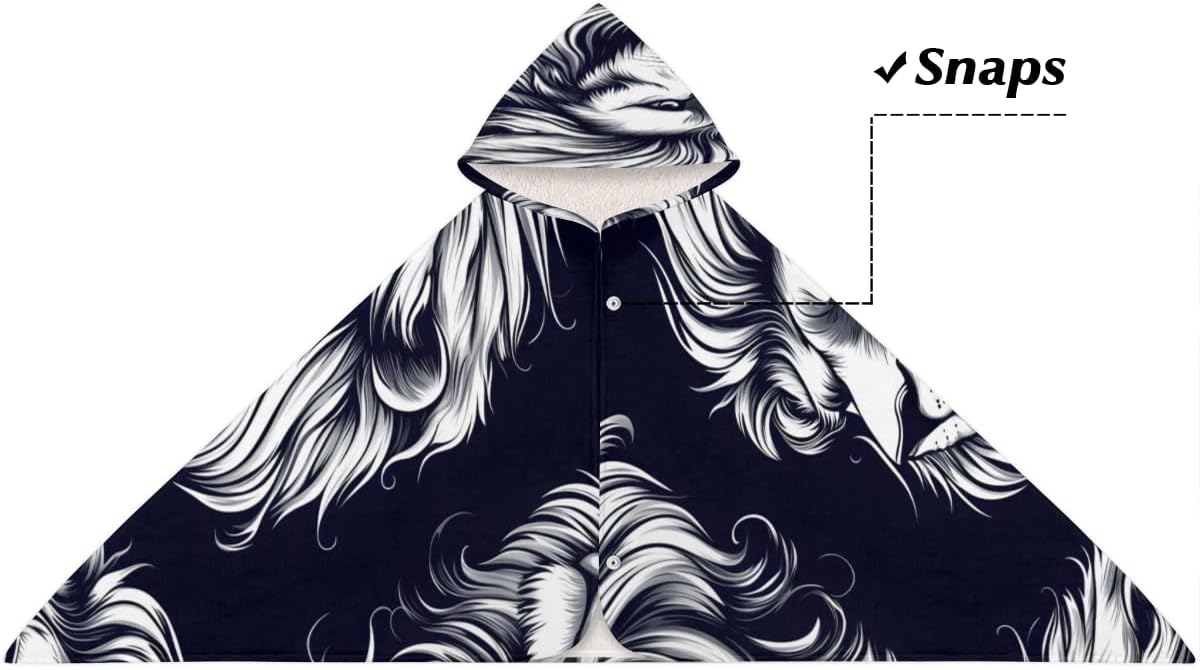 Kids Hooded Bath Towel for Boys Girls, Animal Lion Head Black White Cotton Hooded Beach Towel Wearable Wrap Poncho for Toddler Swimming Pool