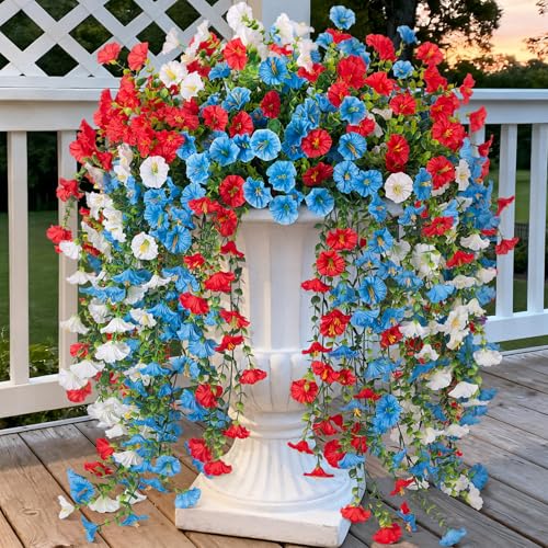 Artificial Hanging Petunias Flowers for Outdoor, 8pcs Fake Plants Long Vine Morning Glory Eucalyptus, UV Resistant Realistic Faux Greenery Outside Patio Porch Garden Spring Decor, Red Blue White by Hrobek - Used condition - US$23.99