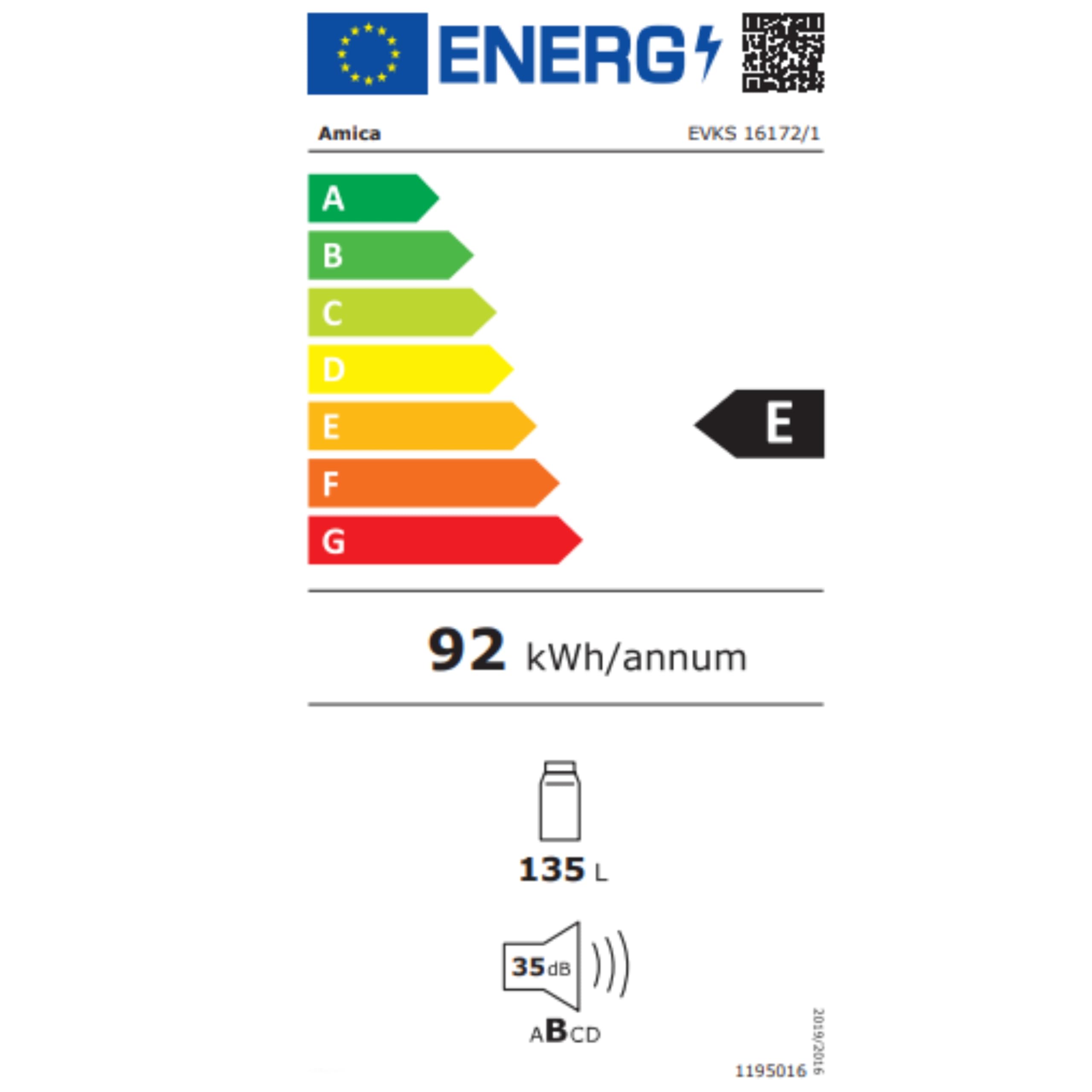 Amica EVKS 16172-1 Einbaukühlschrank 88 cm Nische Schlepptür Inverter Kompressor 135 L LED Beleuchtung Tür-Offen-Alarm