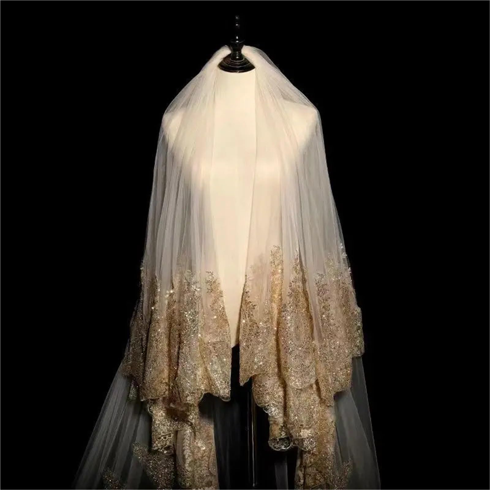 Brautschleier 3,0 m Länge, breit, einlagiger Hochzeitsschleier mit Kamm, weißer Brautschleier Spitzenkante, Champagner-Applikationen, Kathedralenhochzeit