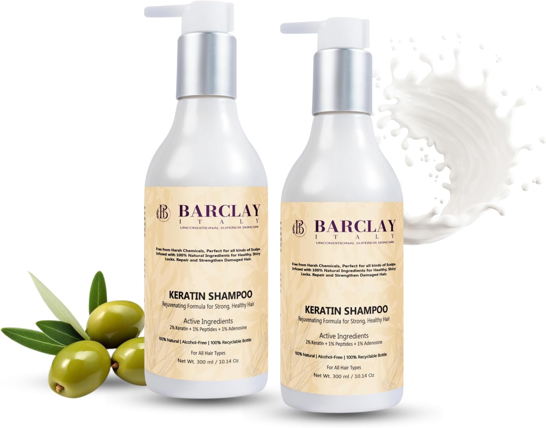 Repairing Keratin Shampoo 300ml | Keratin + Peptides + Adenosine | For Dry, Damaged & Color-Treated Hair | Sulfate-Free | Deep Repair, Shine & Hair Growth | Vegan Hair Cleanser (300ml)