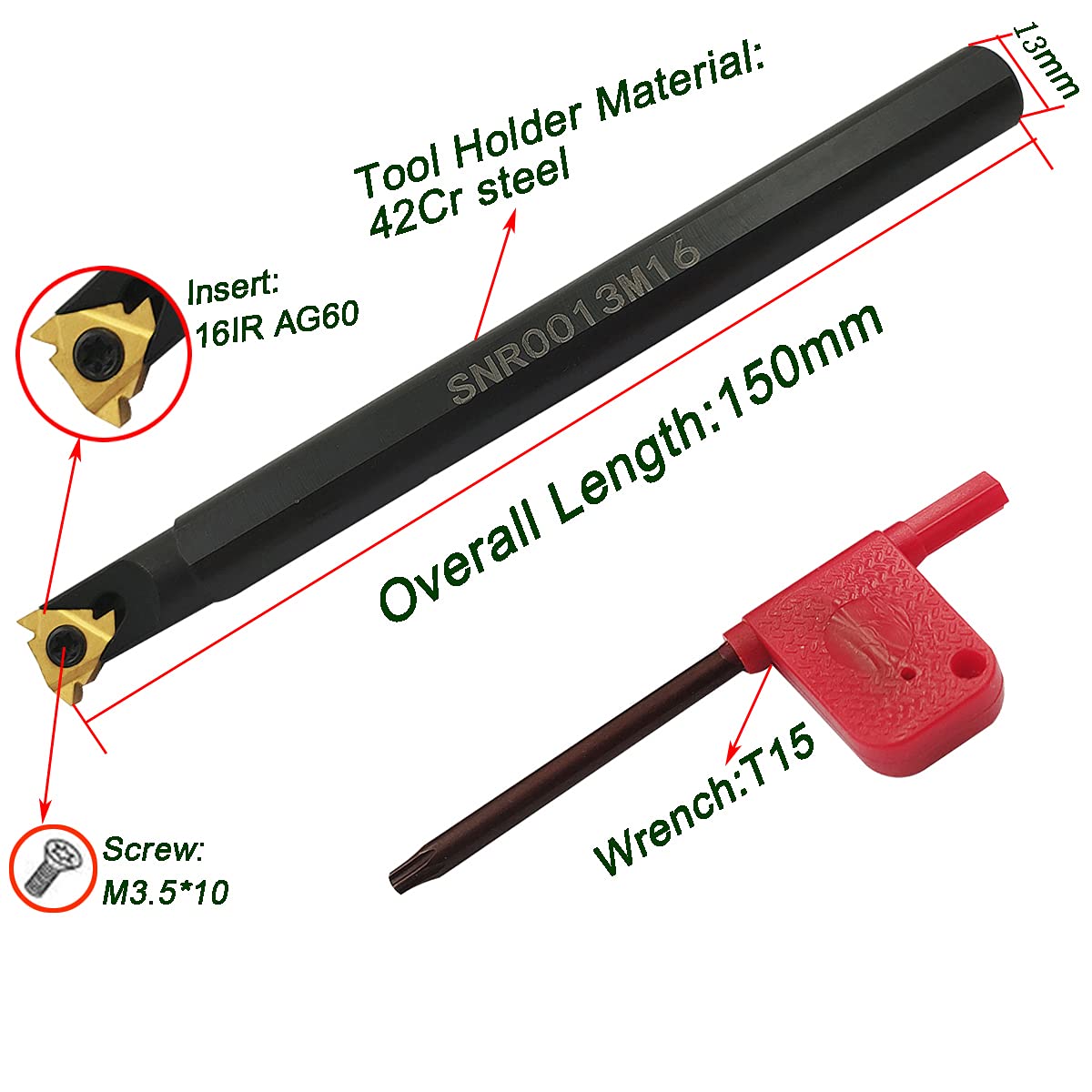 Barra de mandrinado 1/2" 5/8" SNR0013M16 + SER1616H16 Soporte torneado rosca interna con 10 insertos carburo 16ER AG60 16IR AG60
