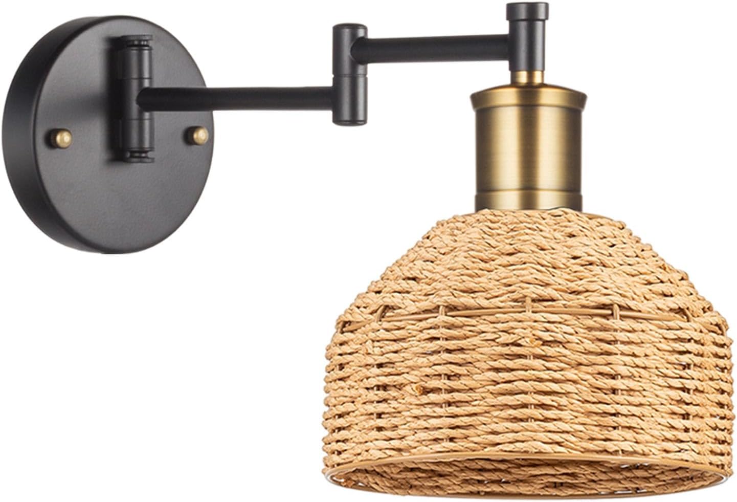 1-Light Wall Sconce, Black Swing Arm Hardwire Wall Lamp with Natural Paper String Shade, Bronze Head, Vintage Adjustable Wall Mounted Sconce, Boho Wall Light for Bedroom,Living Room