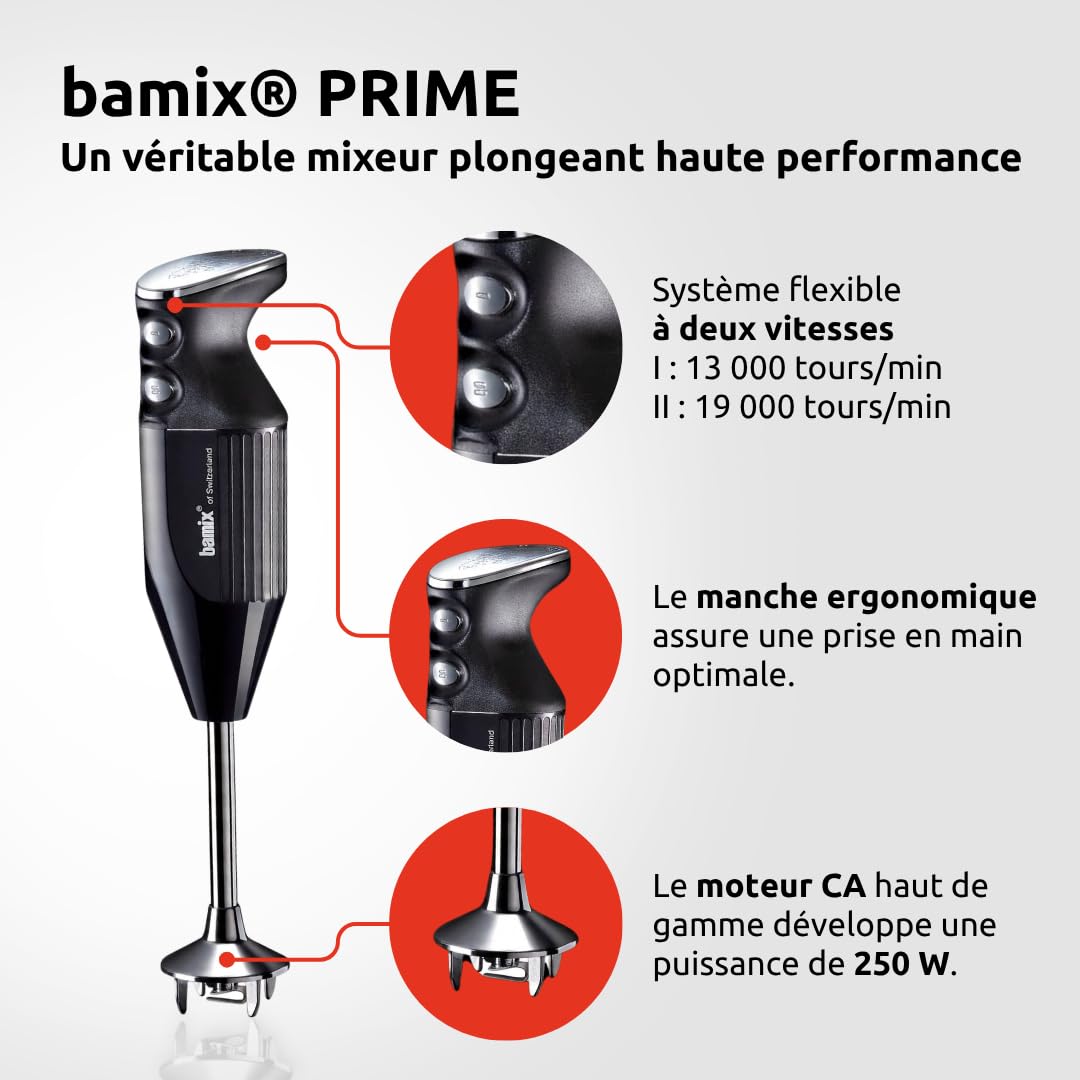 bamix Set avec mixeur plongeant M250 PRIME avec couteau étoile, disque fouet et disque mélangeur en inox, 250 W, 2 vitesses, Fabriqué en Suisse, Noir/Chromé