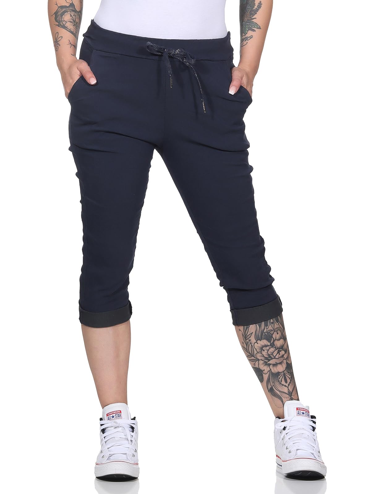 simaranda Damen Capri Hose Sommer Stretch Jogger | Bermuda 3/4 Shorts mit Kordelzug | Bequeme Stoffhose Einheitsgröße Gr. 34-40 | Casual Slip-On Freizeithose gekrempelt in 6 Farben 8264