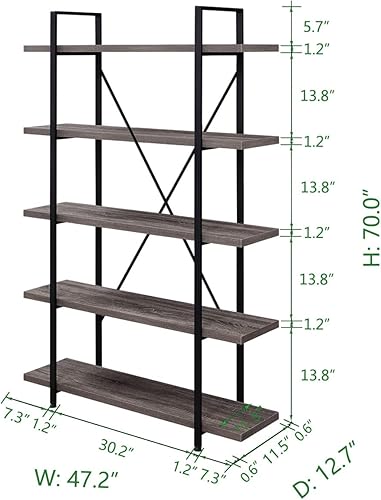 Miniatura 137 de HSH Furniture estante vintage industrial, librero rústico, estantería de madera y metal abierto, roble oscuro Roble negro,Roble gris claro.,Marrón
