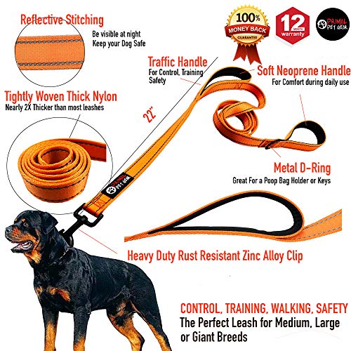 Primal Pet Gear Dog Leash 6ft Long,Traffic Padded Two Handle,Heavy Duty,Reflective Double Handles Lead for Control Safety Training,Leashes for Large Dogs or Medium Dogs,Dual Handles Leads(Orange) - Thumbnail 2