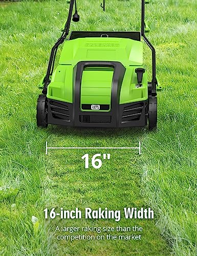 Electric Dethatcher Scarifier, 16-Inch 15 Amp Lawn Dethatcher (2025 Upgraded) with 5-Position Depth Adjustment, 14.5 Gal Removable Thatch Collection Bag, Quick-Fold, Keeps Lawn Health