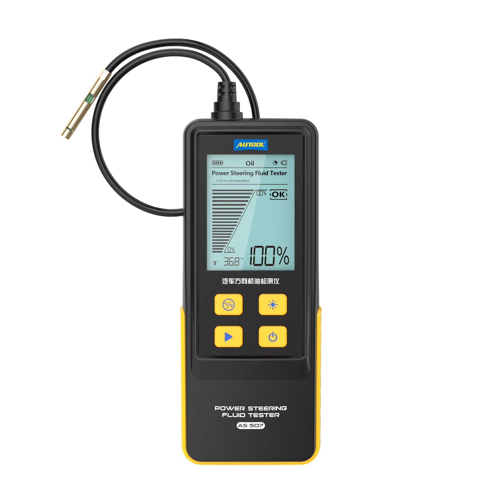 AUTOOL Tester płynu wspomagania układu kierowniczego, cyfrowy analizator transmitancji z wyświetlaczem temperatury, 2,8-calowy ekran z podświetleniem HD, elastyczna sonda 350 mm