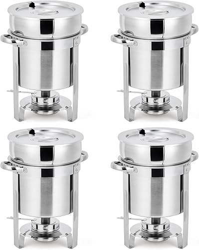 GarveeHome 11QT - Juego de 4 calentadores de sopa redondos de acero inoxidable con olla, tapas con muescas y soportes de combustible, calentador de