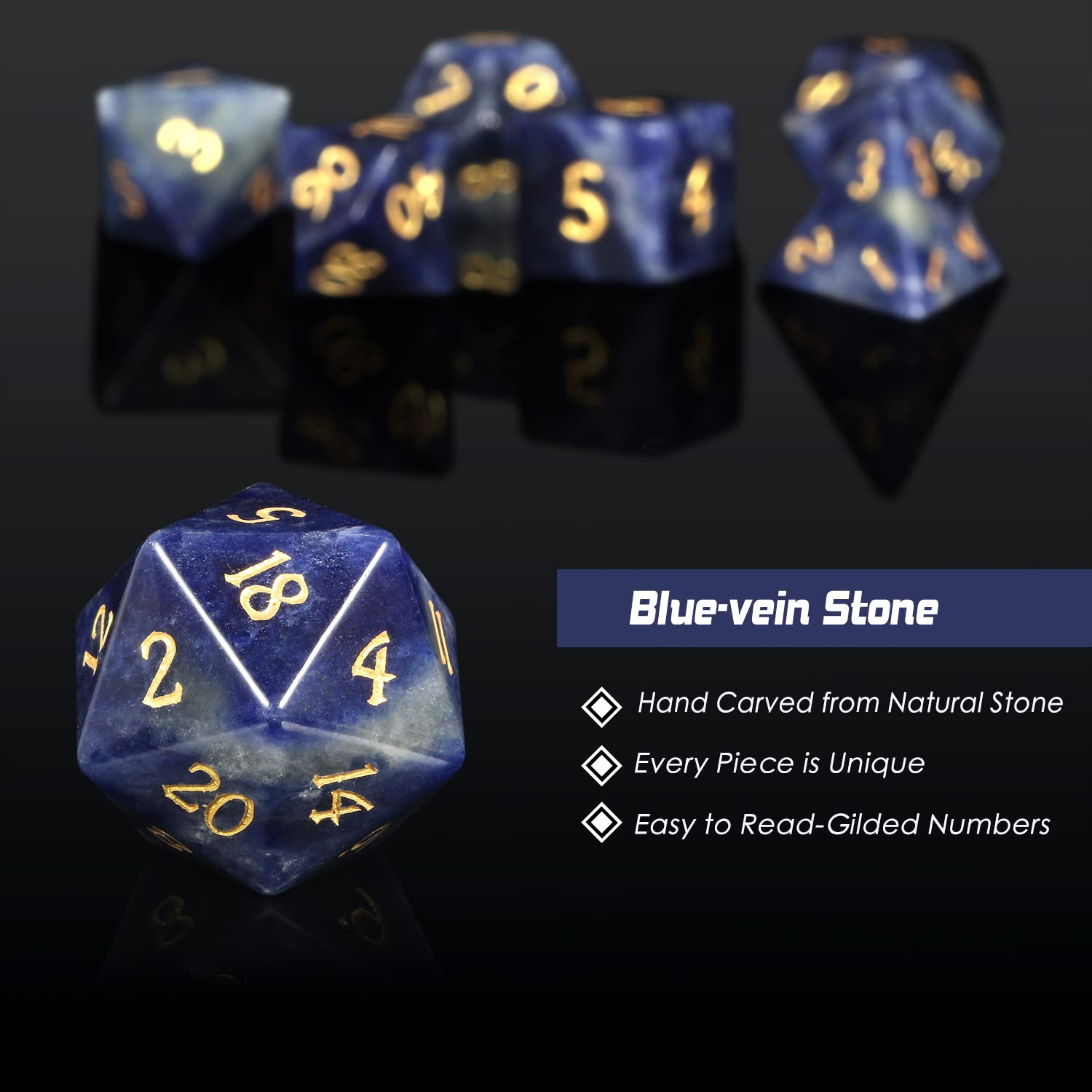Juego de dados D&D de piedra de vena azul DNDND 7 piezas de piedra natural DND dados con caja de regalo grogeous para juego de mesa de mazmorras y dragón (vena azul)