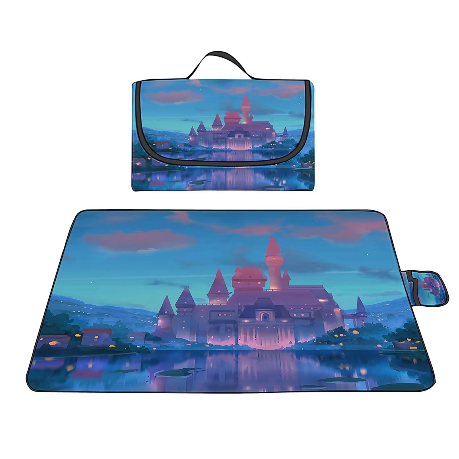 TengYuer Impermeable Manta de Picnic 100x150cm, Manta Picnic Portátil Suave Alfombra de Playa al Aire Libre Plegable con Asa para Viajes Picnic Camping Castillo Rosa