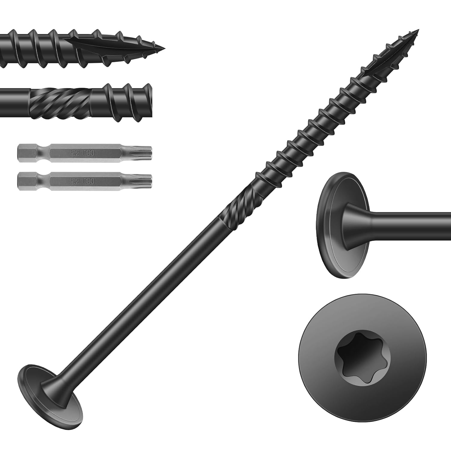 #14 x 4 Inch Outdoor Structural Wood Deck Screws (53Pcs/2lb), Carbon Steel, Black, Flat Head, Rust Resistant Epoxy Coated, T30 Star Bit #14 x 4" Black 2
