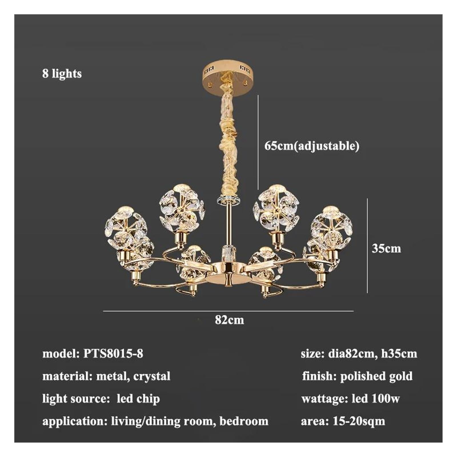 Genérico Lámparas de araña, Lámpara colgante de cristal LED dorada for sala estar y comedor, lámpara regulable for dormitorio cocina, luminaria(3 light effects,9 lights)