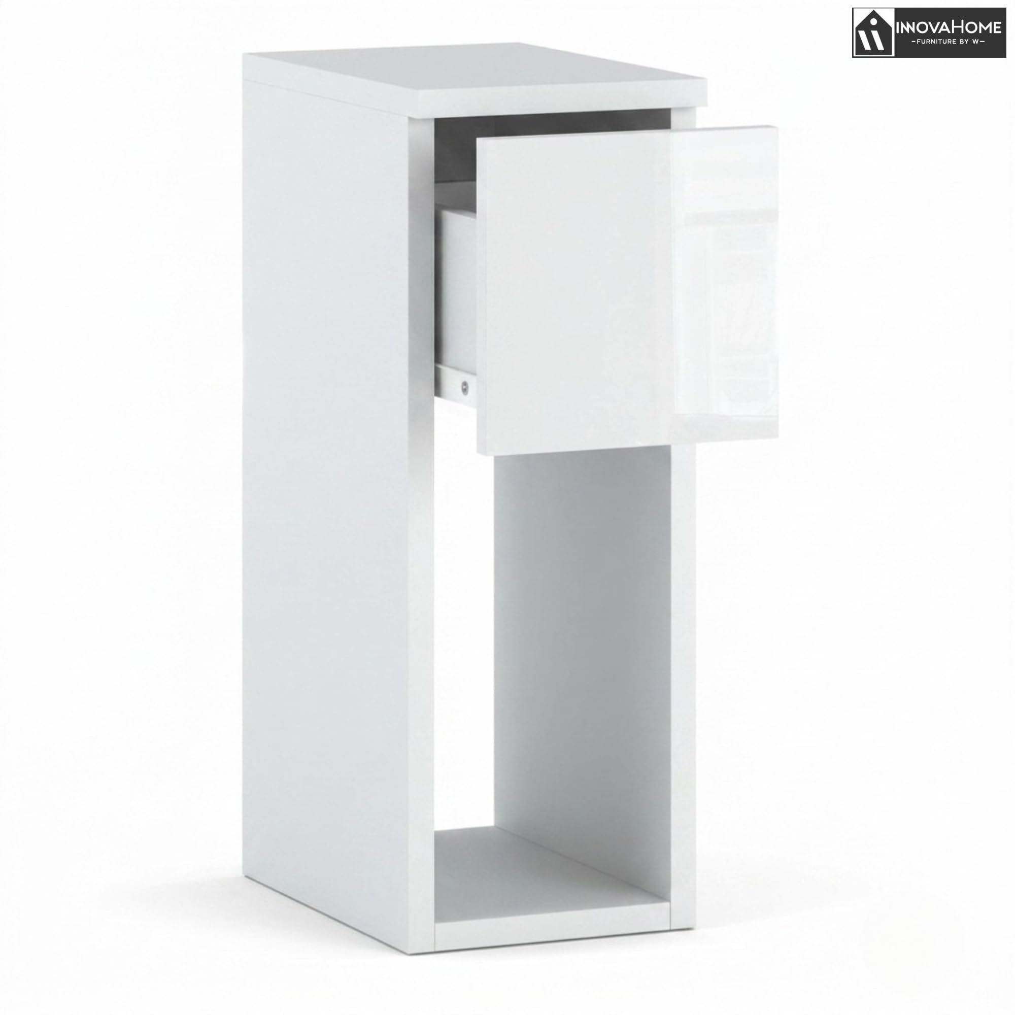 INNOVAHOME Nachttisch Schmal, Weiß Hochglanz, 20cm | Platzsparend, Tiefe 25cm Schublade, Beistelltisch für kleine Räume, Made in EU