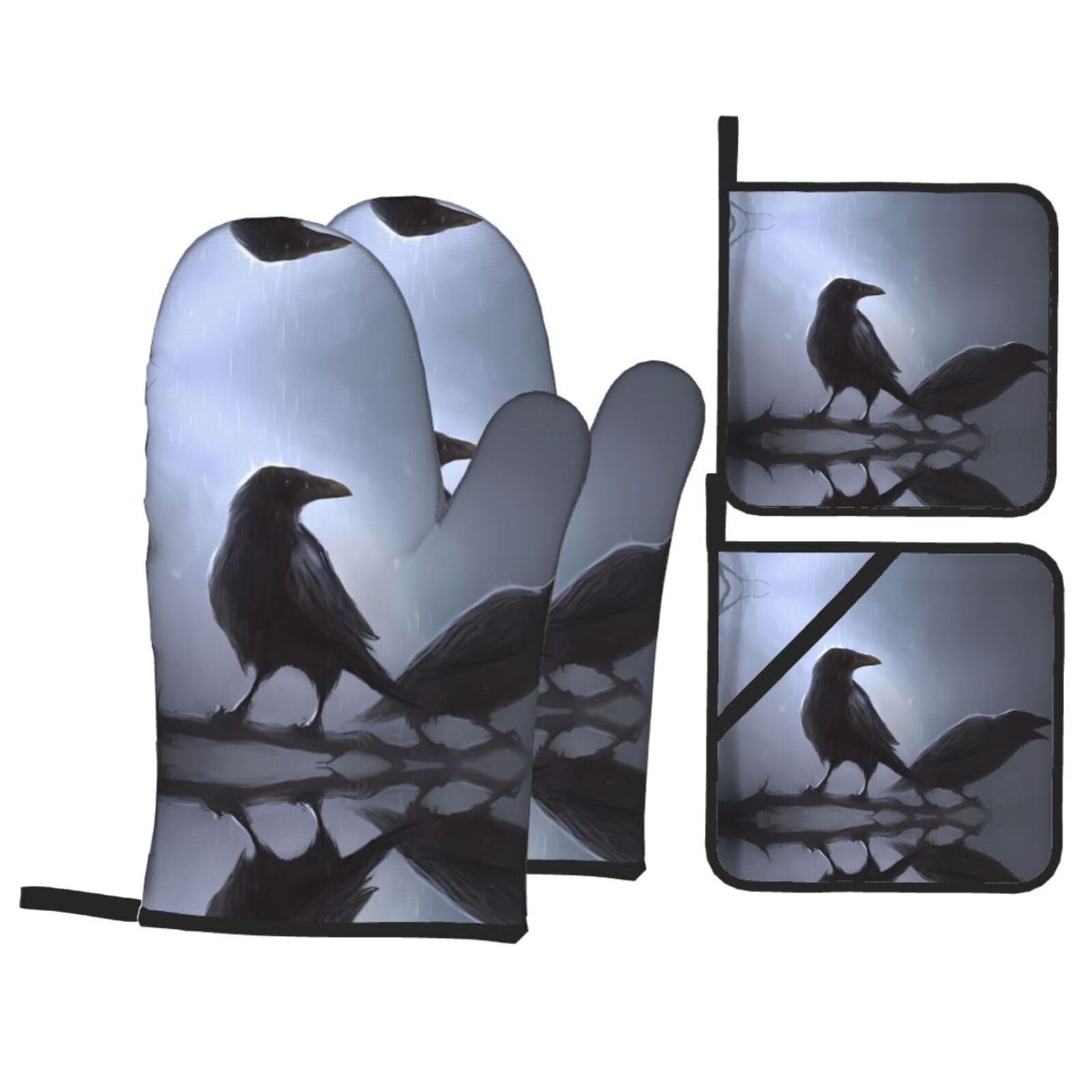 WHJSSF Ravens Prints Kitchen Baking Set - 4-Piece Heat Protection Layers with Waterproof Potholders for Oven, Grill & Serving