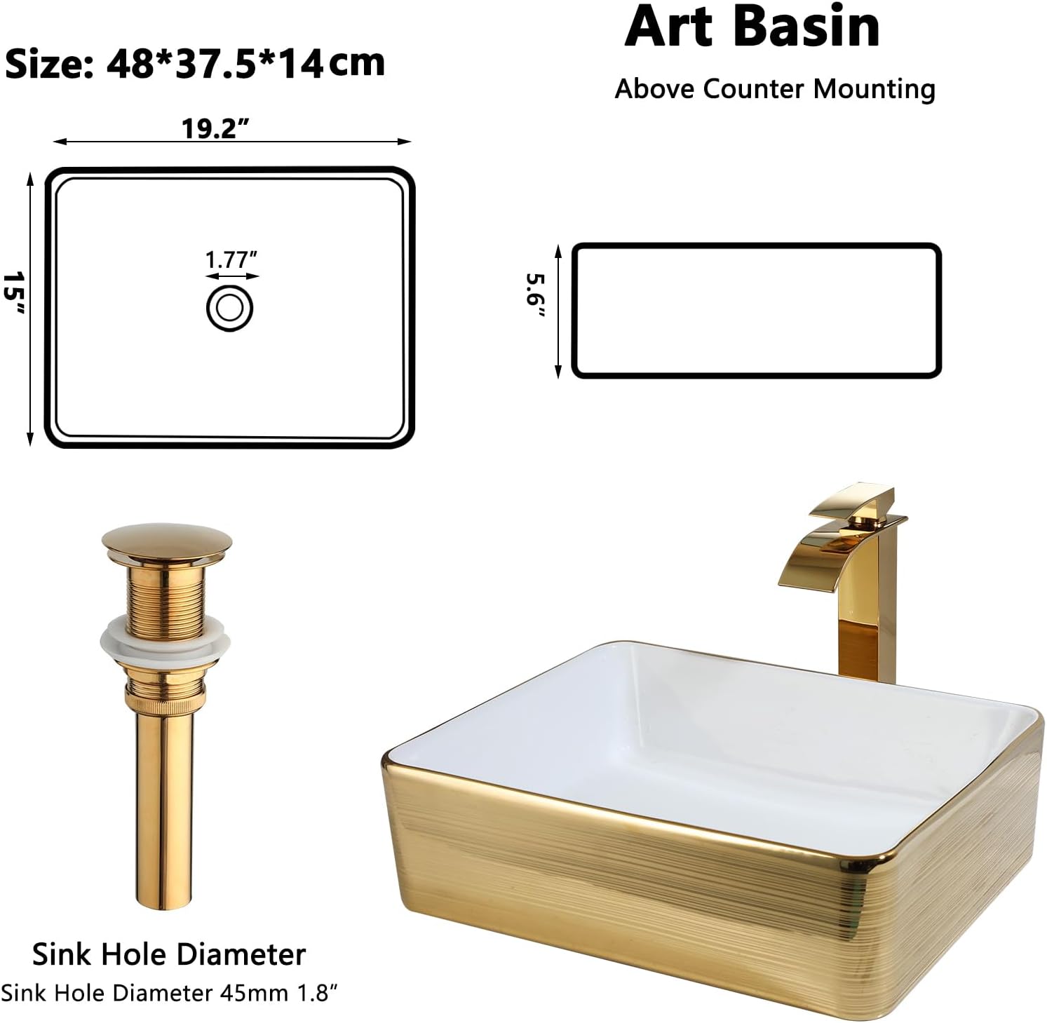 Gold Ceramic Vessel Sinks for Bathroom White Rectangle Above Counter Bathroom Vessel Sink with Faucet and Drain Combo