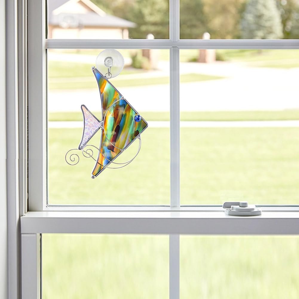 American Made Blue-Green Angelfish Art Glass Suncatcher