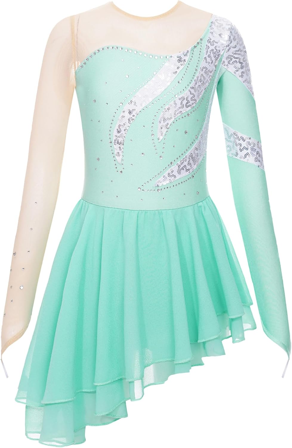Girls Long Sleeve Figure Skating Dress Sequins Asymmetrical Modern Lyrical Dance Dress for Dance Competitions