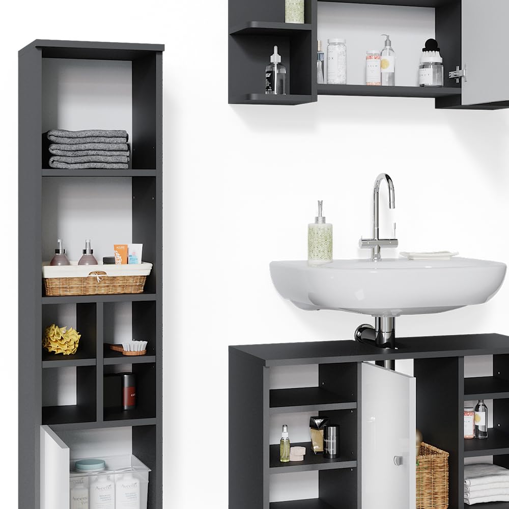 Vicco Badmöbel-Set Fynn, Anthrazit, 60 cm, besteht aus Waschbeckenunterschrank, Spiegelschrank und Hochschrank