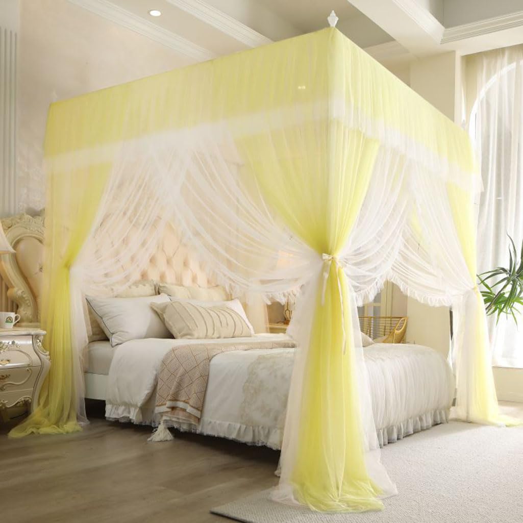PKEWNXDQJ Mosquito Net Shading Bed Curtain Four Poster Bed Canopy with Stand Princess Curtains Canopy for Girls King Size （PINK