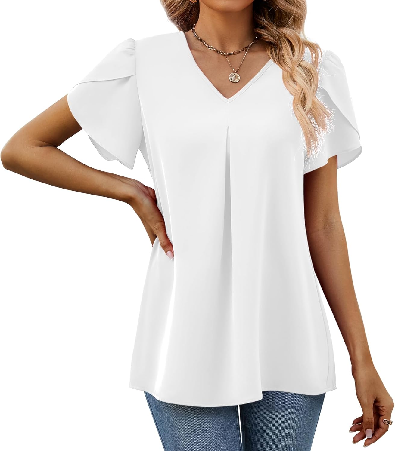 Funlingo Women's Summer Tops Short Sleeve Dressy Chiffon Blouses V Neck Work Tunic Tops Casual Loose T-Shirts - Image 2