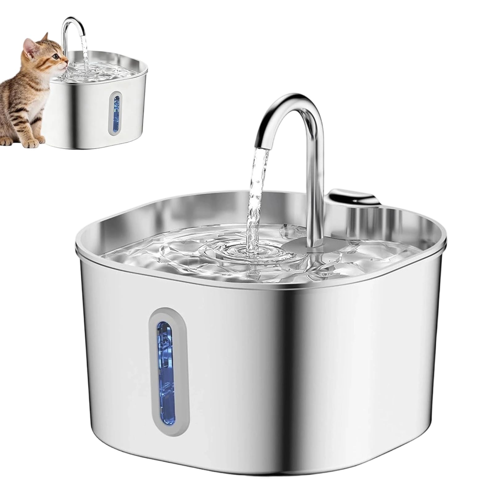 Fontaine Chat, 2,2l Fontaine à Eau pour Chat INOX, Silencieuse avec Triple Filtre, Distributeur Automatique, Facile à Mettoyer, LED Distributeur d'eau pour Chats, Chiens (1PC-A)