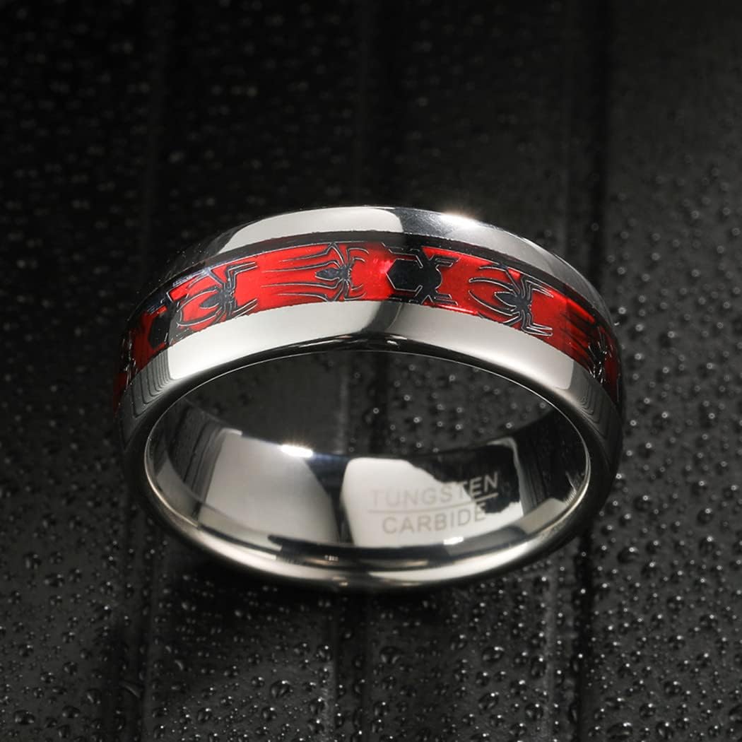 NUNCAD Men's 8mm Tungsten Carbide Ring with Spider Pattern Inlay Domed Edges Comfort Fit Size 7-13